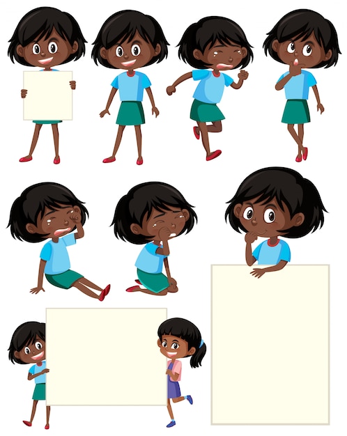 Conjunto de personaje de dibujos animados de niña negra | Vector Premium