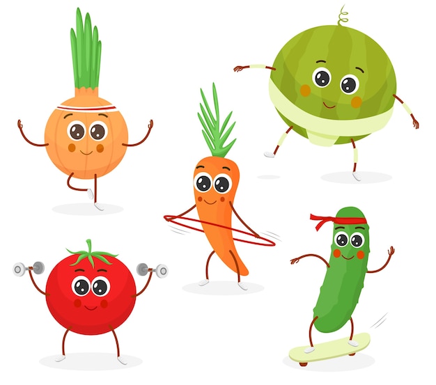 Conjunto De Personajes De Dibujos Animados De Verduras Fitness Vector