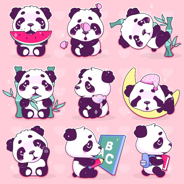 Conjunto De Personajes De Vector De Dibujos Animados Lindo Panda Kawaii Vector Premium 