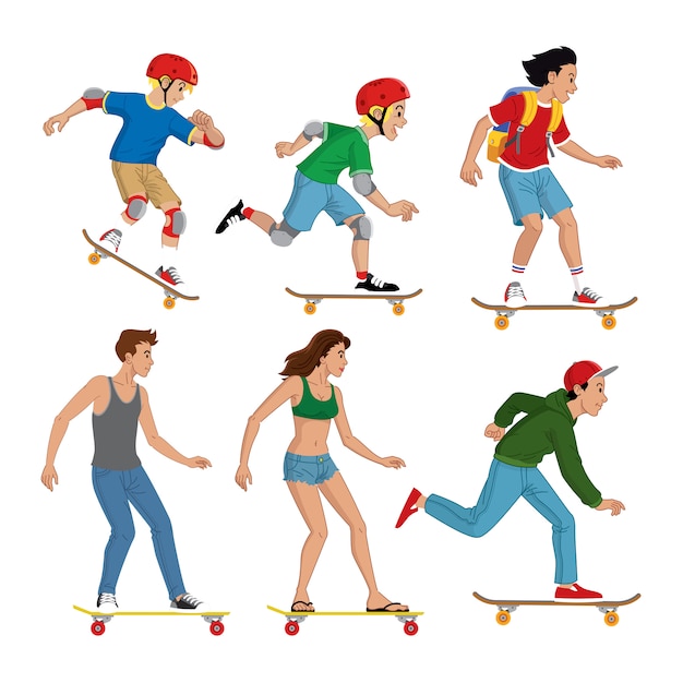 Conjunto De Personas Con Patineta Vector Premium