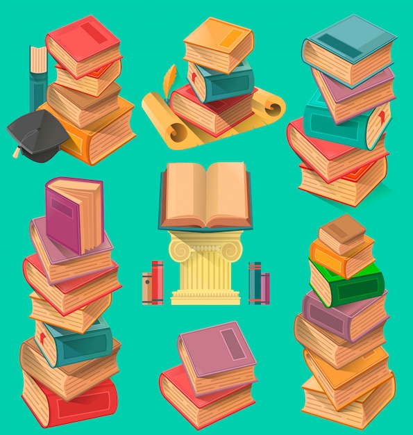 Conjunto de pilas de libros en ilustración plana Vector Premium