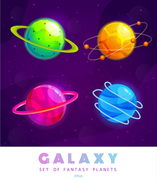 Conjunto de planetas de fantasía de dibujos animados universo colorido diseño del juego para