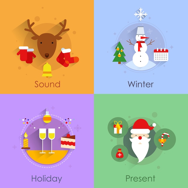 Conjunto plano de iconos de navidad con vacaciones sonido invierno presente aislado vector ilustración Vector Premium