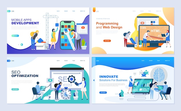 Conjunto de plantillas de página de destino para desarrollo web, seo, aplicaciones móviles, soluciones empresariales. Vector Premium