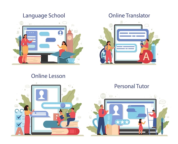 Conjunto De Plataforma O Servicio En Linea De Clase De Ingles Estudiar Idiomas Extranjeros En La Escuela O La Universidad Idea De Comunicacion Global Escuela En Linea Tutor Personal Leccion Traductor