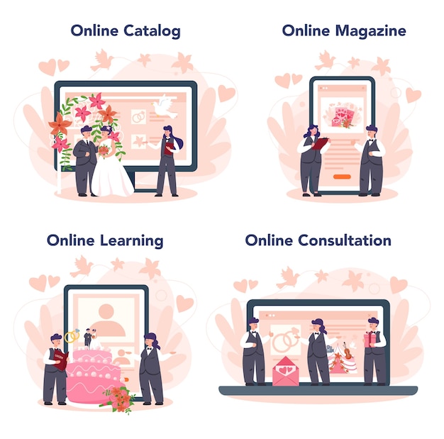 Conjunto De Plataforma O Servicio En Linea De Planificador De Bodas Organizador Profesional De Planificacion De Eventos De Bodas Catalogo Online Revista Aprendizaje Consulta Vector Premium