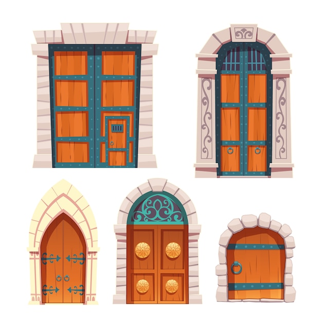 Conjunto de puertas, entradas medievales de madera y piedra ...
