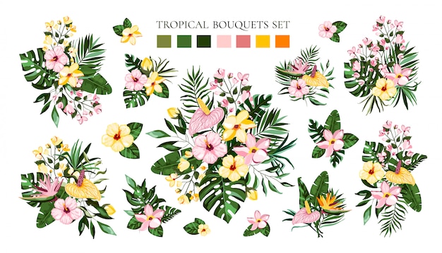 Conjunto de ramos de flores exóticas tropicales con frangipani hibiscus calla green monstera hojas de palma. arreglos florales, arreglos de boda, invitaciones, fecha. vector gratuito