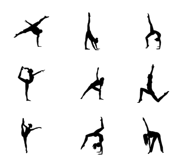 Conjunto de silueta de pose de gimnasia fácil de vector premium