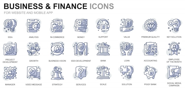 Conjunto simple de iconos de línea de negocios y finanzas para sitios web y aplicaciones móviles Vector Premium
