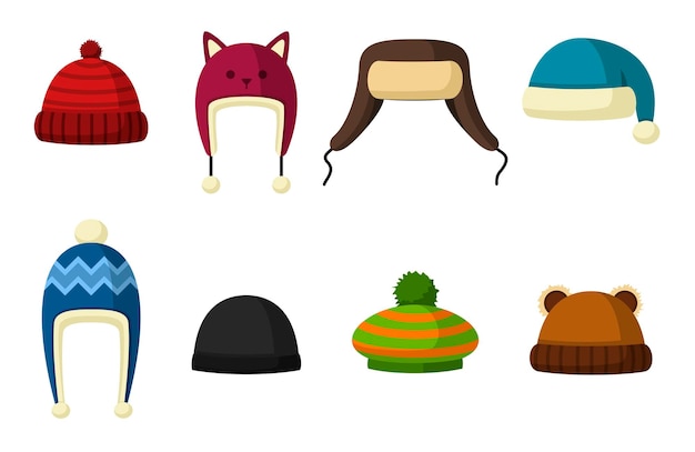 Conjunto de sombreros de invierno aislado sobre fondo blanco. sombreros y  gorros de punto para el frío. ropa para el aire libre. | Vector Premium