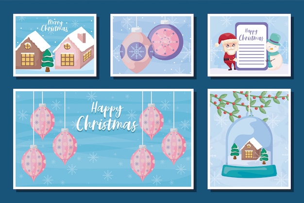 Conjunto de tarjetas de felicitación de feliz navidad Vector Premium
