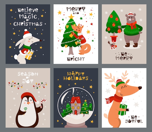 Conjunto de tarjetas de navidad con animales del bosque y árbol de navidad.  | Vector Premium