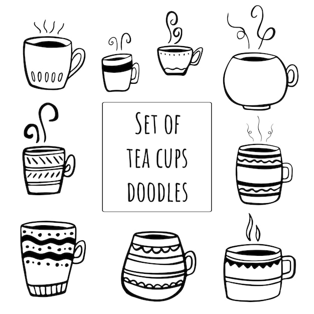 Conjunto de té o taza de café vector doodle ilustración de línea