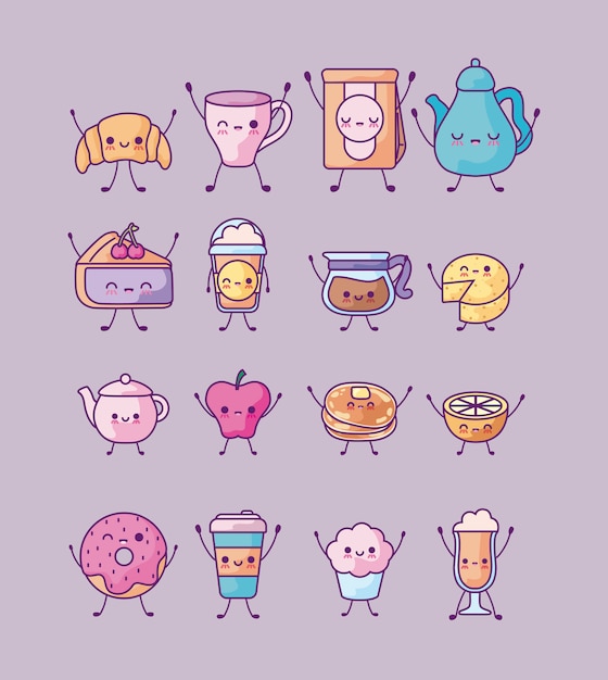 Conjunto de teteras con deliciosa comida y frutas estilo kawaii Vector Premium