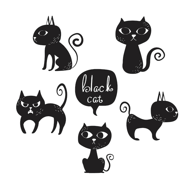 Conjunto De Vectores De Imagenes Predisenadas De Gato Negro Vector Premium