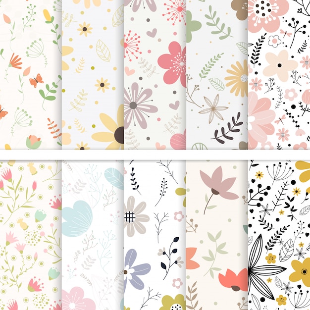 Conjunto de vectores de patrones sin fisuras de flores. Vector Premium
