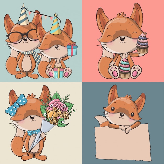 Conjunto De Zorros De Dibujos Animados Lindo Vector Premium