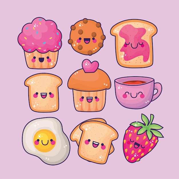 Conjuntos De Todo Tipo De Iconos De Alimentos Kawaii Vector Premium