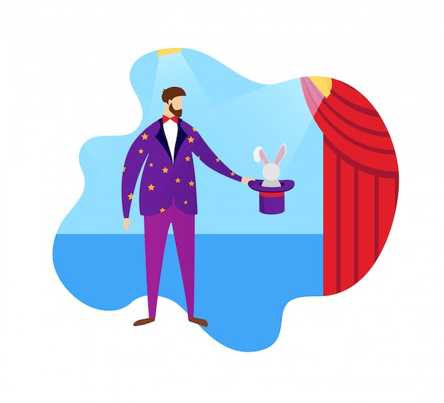 Conjurador que muestra truco de magia sombrero de copa y conejo. Vector Premium