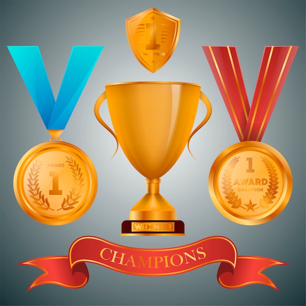 Copa De Oro Y Medallas Con Colección De Cintas Vector Premium 9033