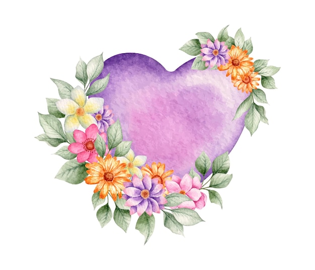 Corazón De San Valentín Acuarela Púrpura Con Flores De Colores Vector Premium 5512