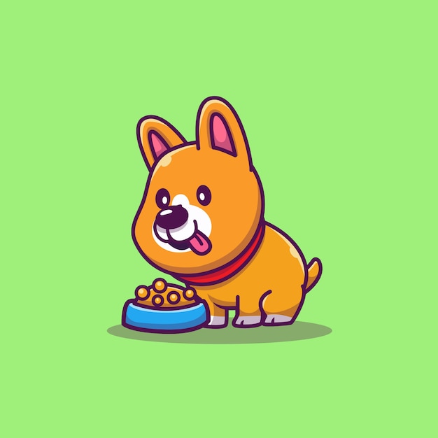 Corgi Lindo Que Come La Ilustracion Del Icono De La Historieta De La Comida De Perro Concepto De Icono Animal Aislado Estilo Plano De Dibujos Animados Vector Premium