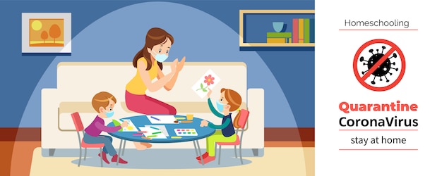 Coronavirus. quédate en casa. educación en el hogar. la madre y los niños pintan en la sala de juegos, usando una máscara protectora durante la cuarentena del coronavirus. ilustración de dibujos animados Vector Premium