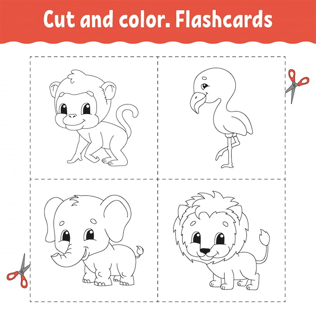 Cortar Y Colorear Conjunto De Tarjetas Flamenco Leon Mono Elefante Vector Premium