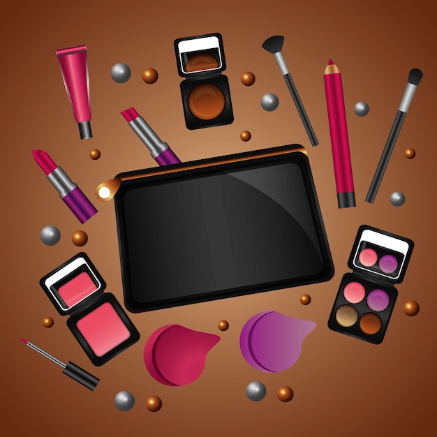 Cosmética maquillaje productos belleza moda conjunto Vector Premium