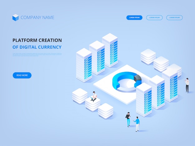 Criptomoneda y blockchain. plataforma de creación de moneda digital. encabezado del sitio web. negocios, análisis y gestión. Vector Premium