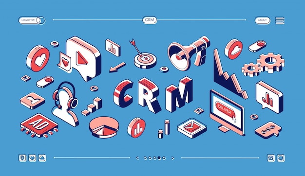 Crm, gestión de la relación con el cliente web banner isométrico. vector gratuito