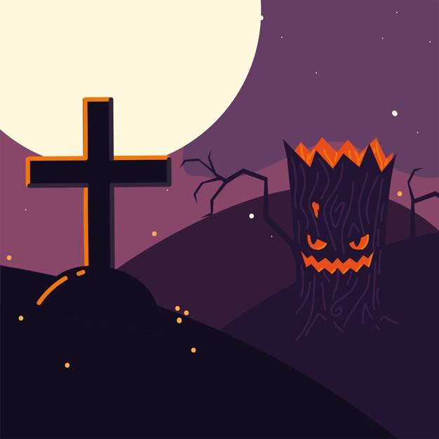 Cruz y árbol de halloween Vector Premium