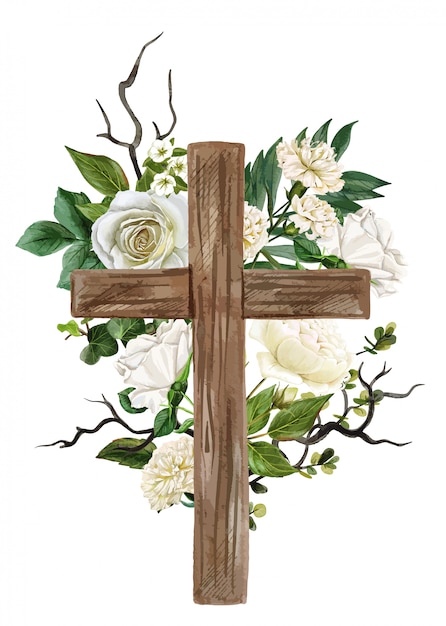 Cruz cristiana de madera decorada con rosas blancas y hojas | Vector