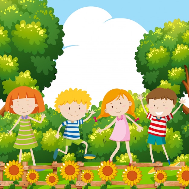 Cuatro niños en el jardín de girasol | Vector Premium