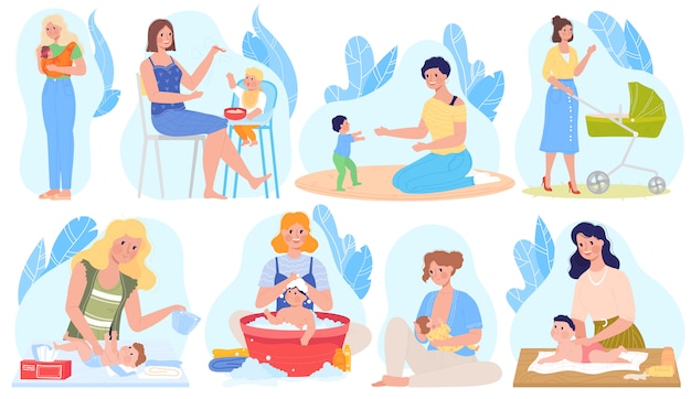 Cuidado Del Bebe Ilustraciones De Lactancia Materna Conjunto De Dibujos Animados Con Lactancia Materna Dar Leche Al Bebe Recien Nacido Jugar Jugando Vector Premium