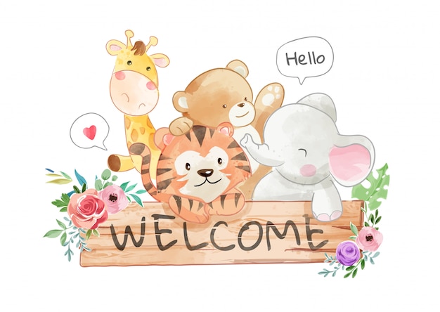 Download Cute animal friends y welcome wood sign ilustración ...