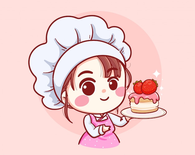 Cute bakery chef chica sosteniendo un pastel sonriente logo de