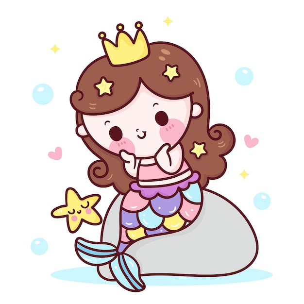 Cute Dibujos Animados De Princesa Sirena Con Estrella De Mar En La Ilustracion De Rock Kawaii Vector Premium