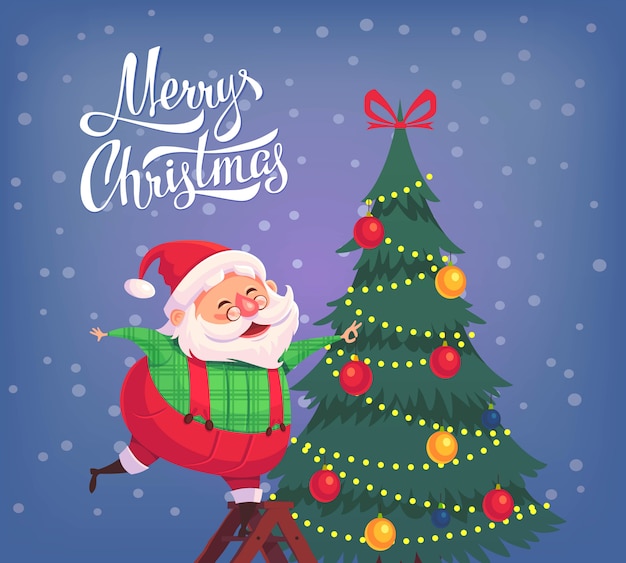 Cute dibujos animados santa claus decorar árbol de navidad ilustración