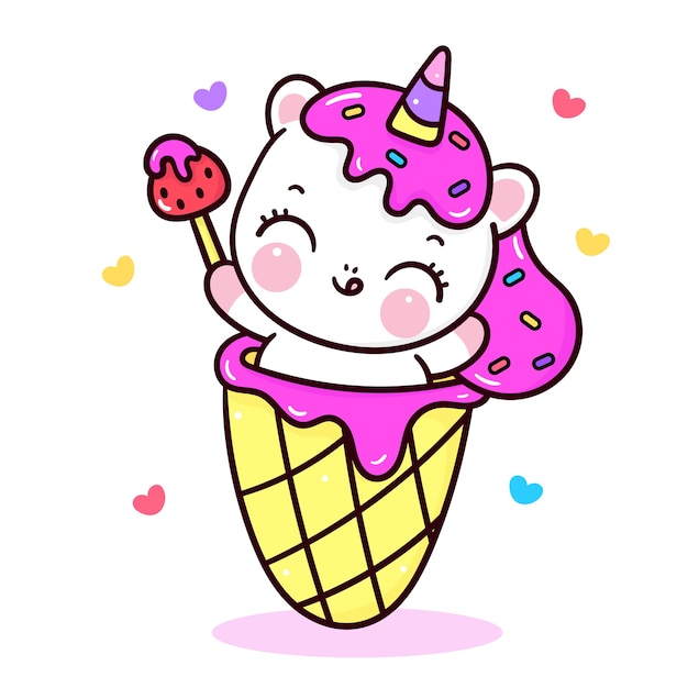 Cute Dibujos Animados De Unicornio Con Dulce Helado Kawaii Mano Darwn