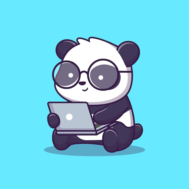Cute panda play laptop ilustración. tecnología animal. estilo plano de