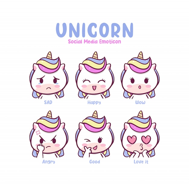 Cute unicorn emoticon de redes sociales | Vector Premium