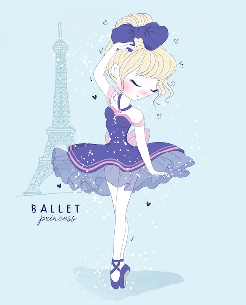Danza de ballet linda chica dibujada a mano con escena de parís Vector Premium