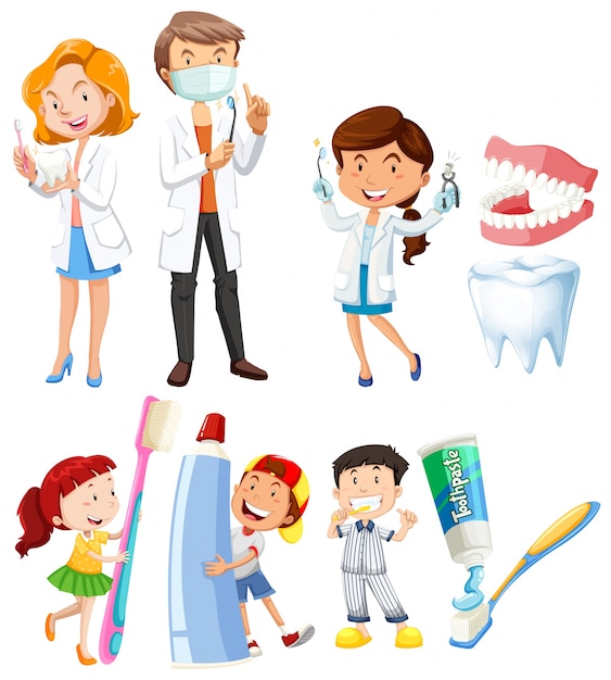 Dentista Y Niños Cepillarse Los Dientes Descargar Vectores Premium