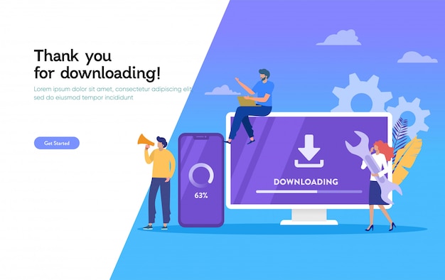 Descargue la página de la aplicación móvil, descargue la ilustración de actualización del sistema, las personas actualicen la página de inicio del sistema operativo, plantilla, interfaz de usuario, web, aplicación móvil, póster, pancarta, folleto Vector Premium