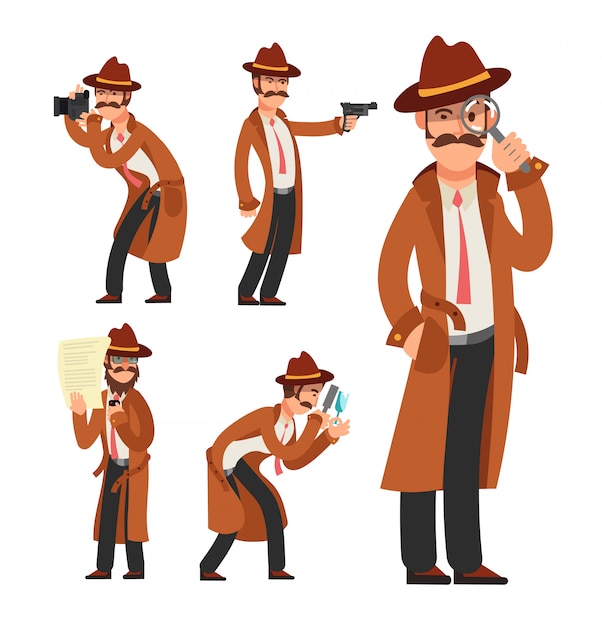 Detective privado de dibujos animados. conjunto de caracteres de