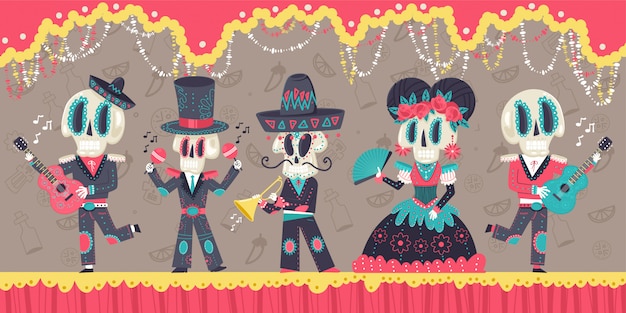 Dia De Los Muertos Ilustracion De Dibujos Animados De Vector De Fiesta Mexicana Con Esqueletos E Instrumentos Musicales Vector Premium