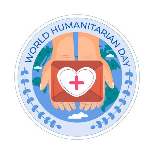 Día mundial humanitario con las manos sosteniendo el botiquín de ayuda