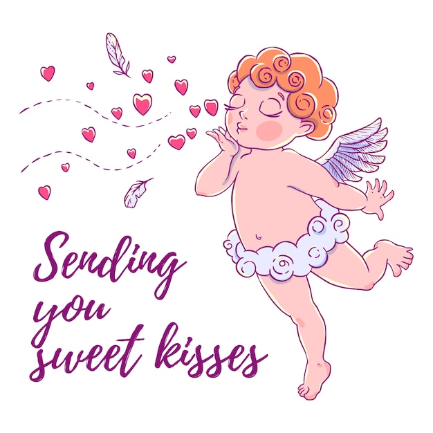 Día De San Valentín Cupido Niño En Pantalones De Nubes Y Soplar Besos Y Corazones Vector Premium 3515